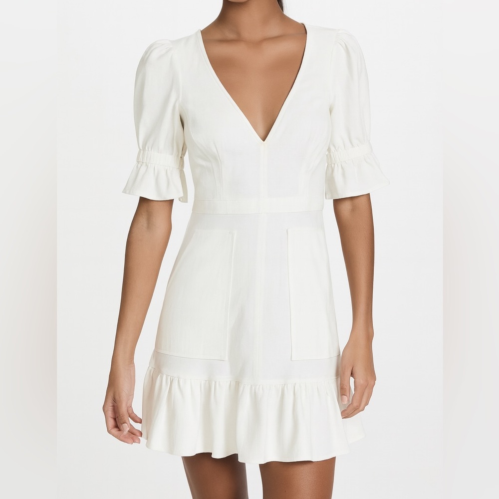 Cinq à Sept Tous Les Jours Dress | White Denim Ruffle Hem Puff Sleeve| Size 4